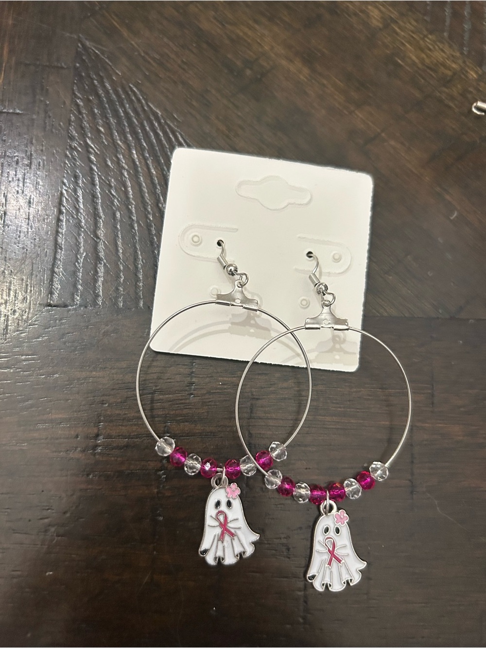 Halloween breast cancer Silver Hoop Earrings with Pink Beads and Ghost Charm